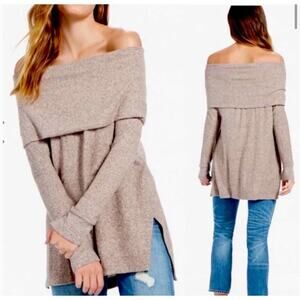 Lucky Brand Sweater Womens Small Tan Off Shoulder Soft Knit Side Slit Cozy Tunic